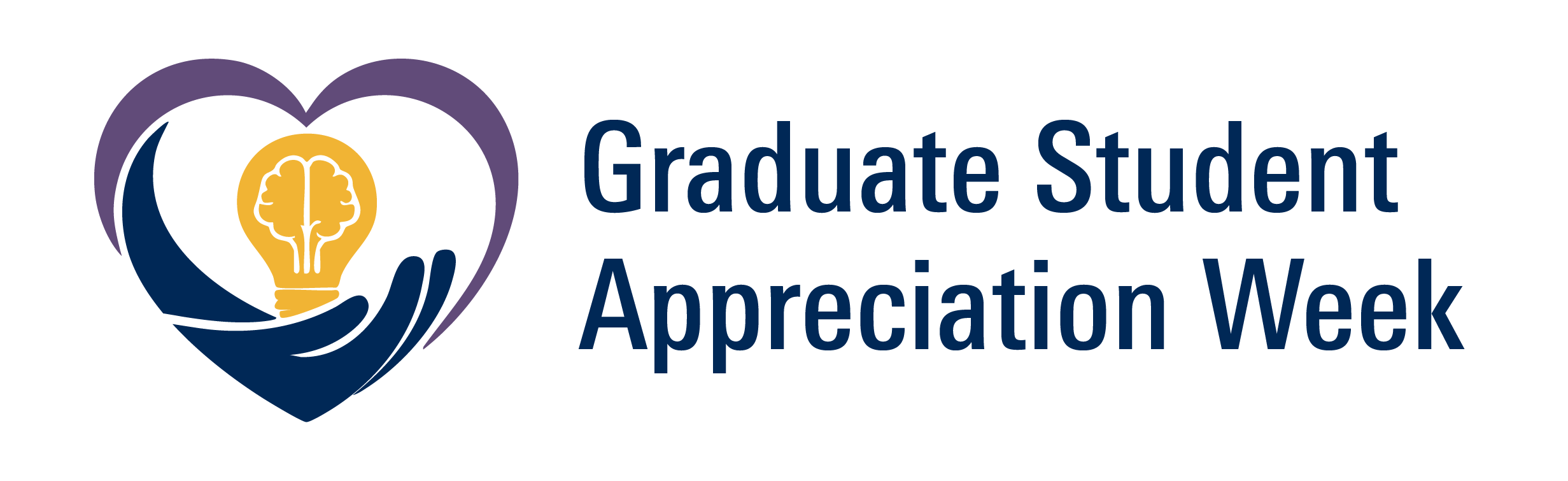 'Graduate Student Appreciation Week' logo with a heart-shaped hand holding a lightbulb with a brain inside